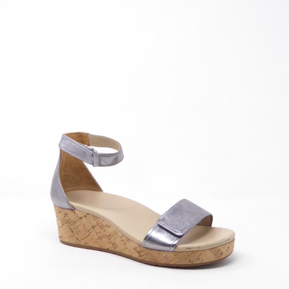 ABEO Women Wedge Sandals Silver Metallic Cecile Cork Platform Size 8 Neutral
